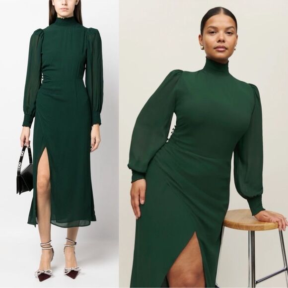 NEW Reformation Aude Long Sleeve Midi Dress Forest Green Size 18 - Picture 8 of 8
